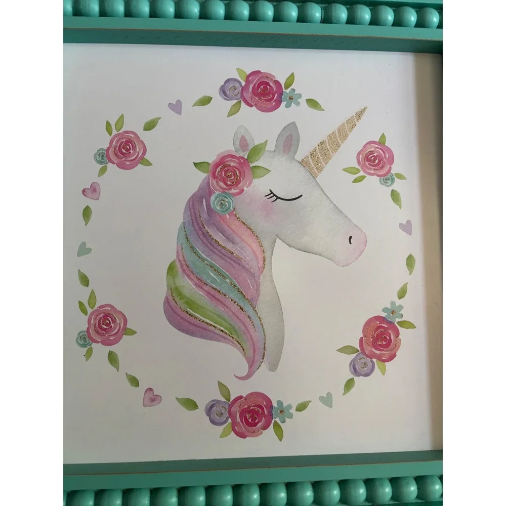 Hobby‎ Lobby Unicorn Wall Decor Kids Teal Square Beaded Floral Art 13x13 581632